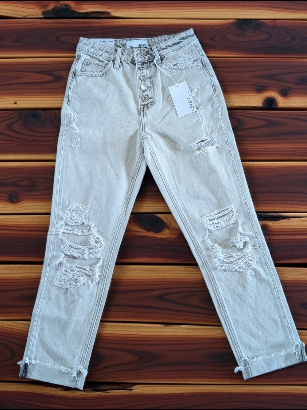 VERVET Emma Jeans women's 24 High Rise Mom  White Washed Distressed‎ Rolled Hem
